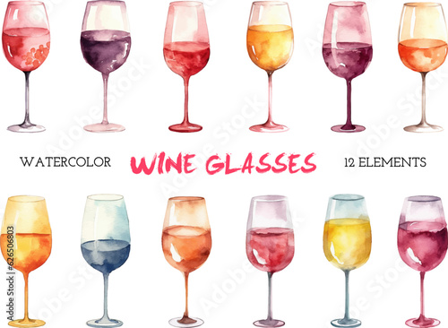 Vector watercolor painted wine glasses clipart. Hand drawn design elements isolated on white background.