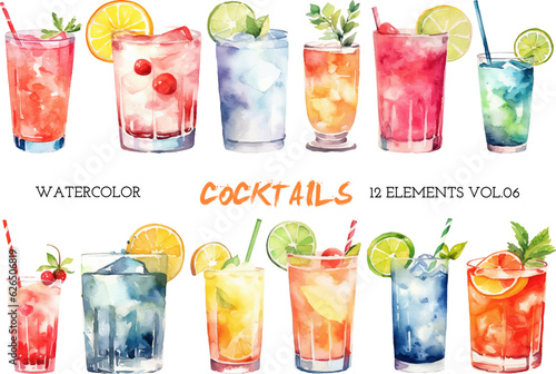 Vector watercolor painted cocktails clipart. Hand drawn design elements isolated on white background.