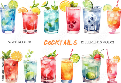 Vector watercolor painted cocktails clipart. Hand drawn design elements isolated on white background.