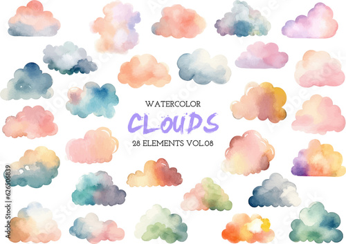 Vector watercolor painted colorful clouds. Hand drawn design elements isolated on white background. © vasabii