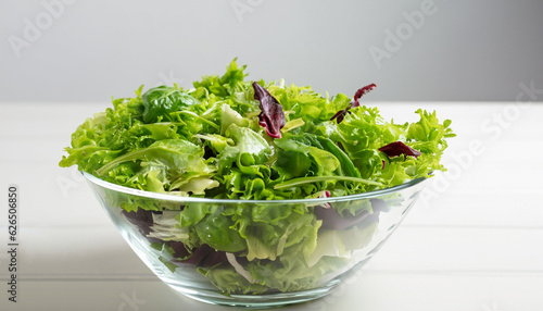 Mix of green salad in glass bowl on the table. Simple food for diet or healthy eating. Side view, light white background