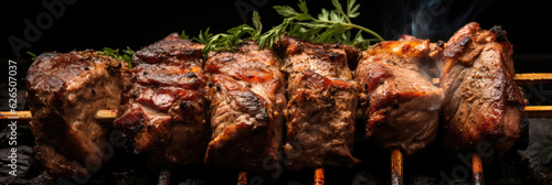 Roasted pieces of lamb on a skewer close-up