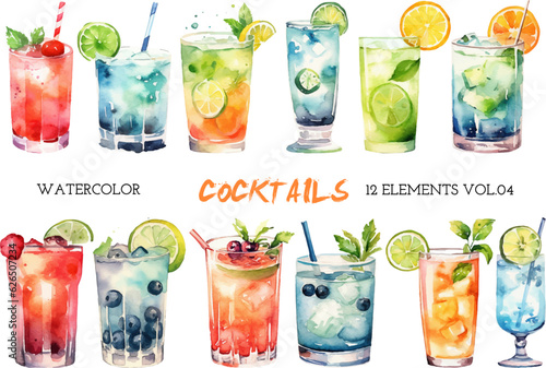 Vector watercolor painted cocktails clipart. Hand drawn design elements isolated on white background.