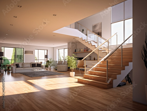 View of a modern living room, staircase to the second floor