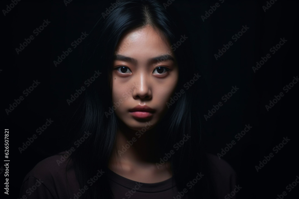 Asian young woman's portrait on dark studio background in dark light, Concept of human emotions, facial expression, youth, sales, ad