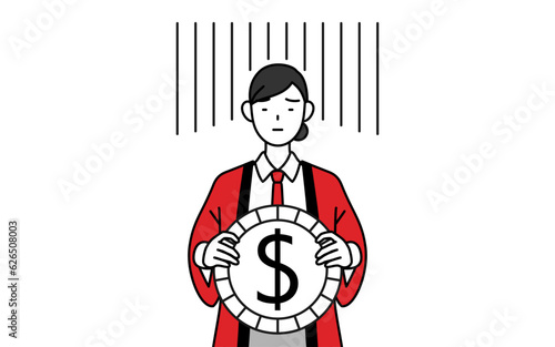 為替差損やドル安のイメージ、赤い法被を着た販売員の女性