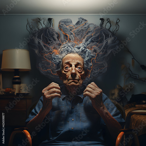 Old woman with dementia sitting in a room photo