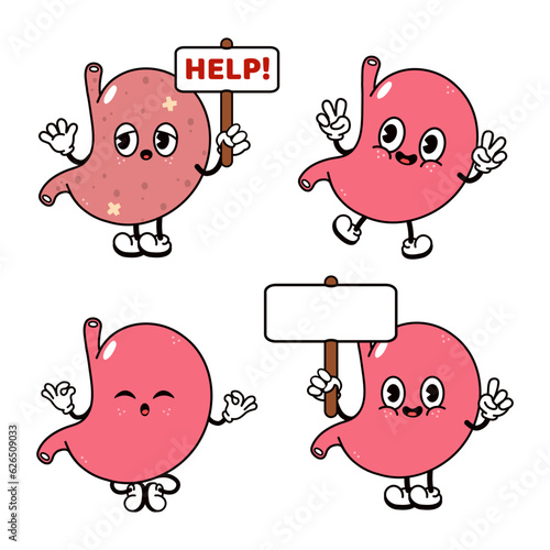 Stomach character bundle set. Vector hand drawn doodle style traditional cartoon vintage, retro character illustration icon design. Isolated white background. Stomach mascot character