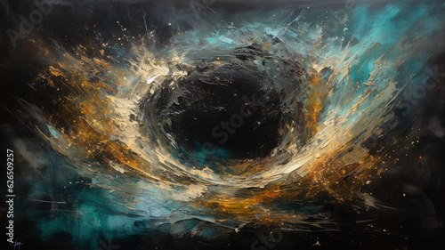 Artwork  metallic paint on canvas  a journey through the depths of the cosmos  where an interstellar black hole reigns as the majestic centerpiece. Against the backdrop of an entirely dark universe.