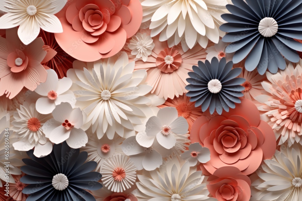 Flat surface full of small coral and white colored paper flowers. AI generated Flat surface full of small coral and white colored paper flowers. AI generated