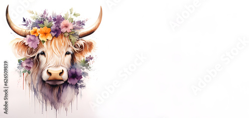 Portrait of a highland cow decorated with colorful flowers, highland cattle, Beef Shorthorn ornate with bloom, almabtrieb, Switzerland, Austria, calf with blossom crown. Animal transhumance.