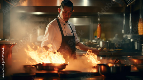 chef in an Asian restaurant kitchen, with flames and smoke rising from the gas stove. Generative AI
