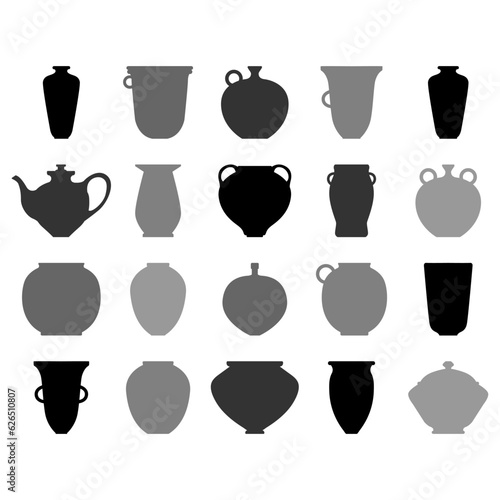 Vector illustration with collection of ancient ceramic objects. Set with mugs, jars, and bowls, made on potters wheel. Black and gray ceramic object flat silhouette style