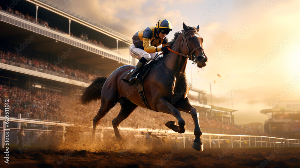 A jockey participating in a horse racing or derby event, galloping atop a horse during the race, with the main stand in the background. Generative AI