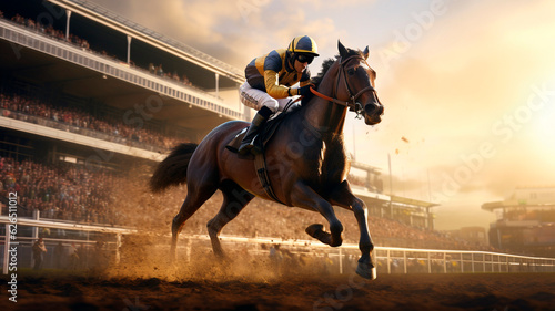 Fotografia A jockey participating in a horse racing or derby event, galloping atop a horse during the race, with the main stand in the background