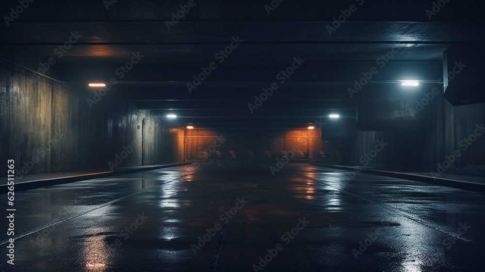 A dimly lit basement parking area or underpass alley during midnight hours. The asphalt is wet and hazy, with lights lining the sidewalls. Generative AI