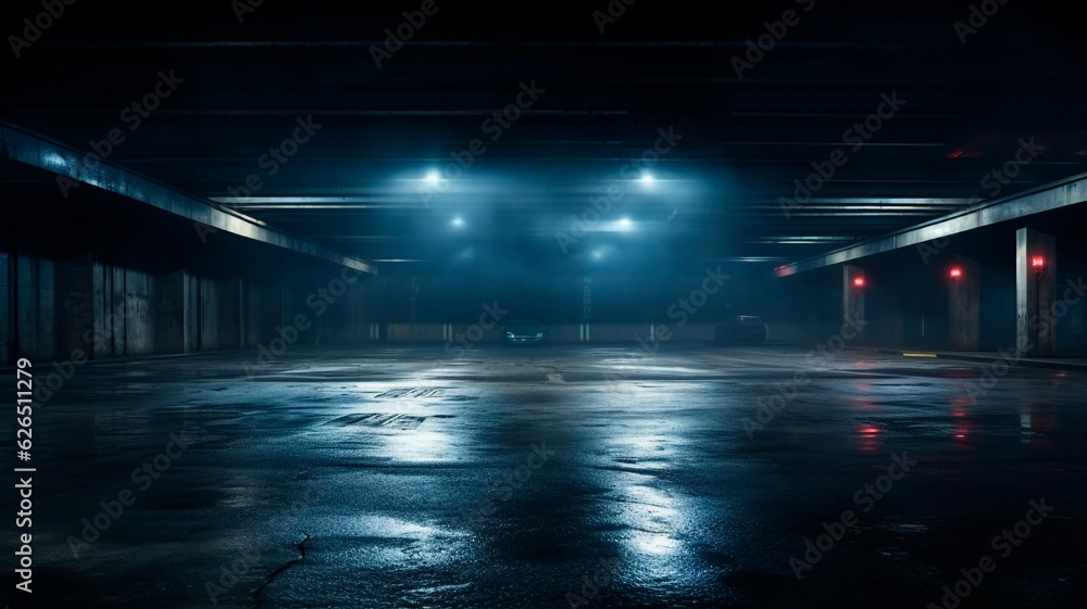 A dimly lit basement parking area or underpass alley during midnight ...