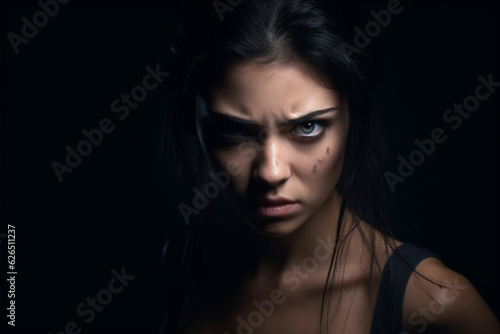 Sexy makeup woman with natural angry emotion posing isolated on dark shadow black background, dark lightining Closeup portrait in deep low key light shadows © alisaaa