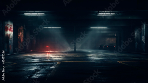 A dimly lit basement parking area or underpass alley during midnight hours. The asphalt is wet and hazy, with lights lining the sidewalls. Generative AI © Yuriy Maslov
