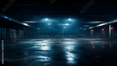 A dimly lit basement parking area or underpass alley during midnight hours. The asphalt is wet and hazy, with lights lining the sidewalls. Generative AI © Yuriy Maslov