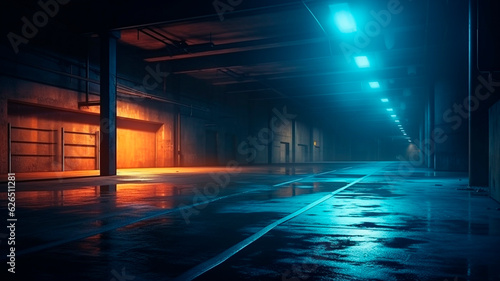 A dimly lit basement parking area or underpass alley during midnight hours. The asphalt is wet and hazy, with lights lining the sidewalls. Generative AI
