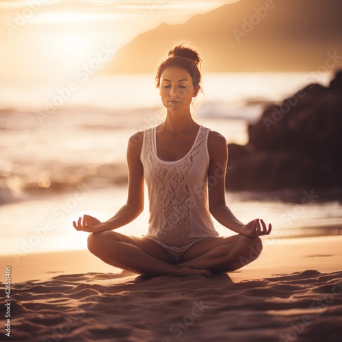 young zen woman doing yoga on the beach at sunset