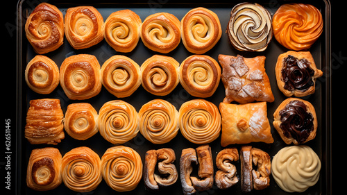 overhead photograph of assorted Danish pastries on an industrial aluminium baking tray. Generative AI