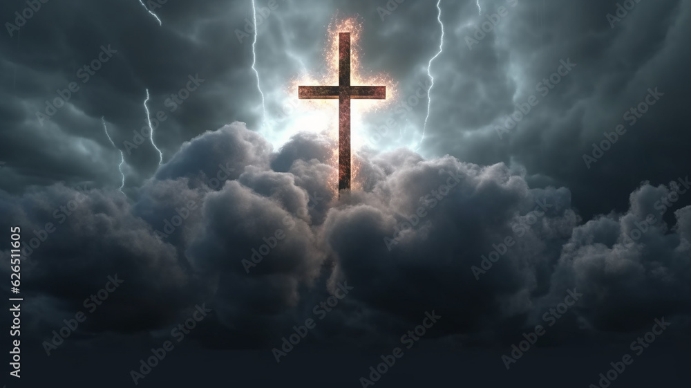 Fototapeta premium a glowing cross against a gloomy sky concept faith religion.