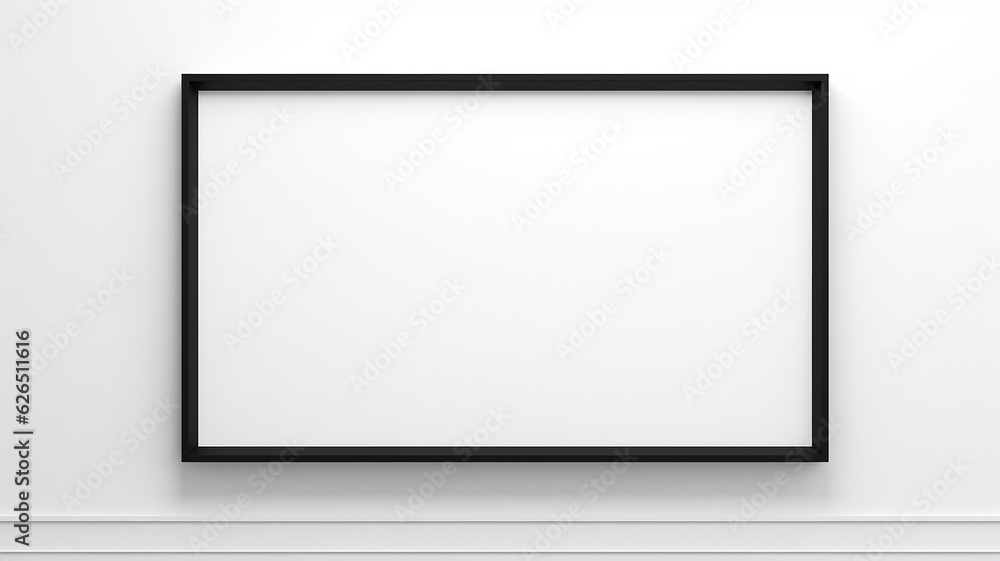 the interior is an empty wall with a thin black narrow frame inside an empty white background. the interior is an empty wall with a thin black narrow frame inside an empty white background.