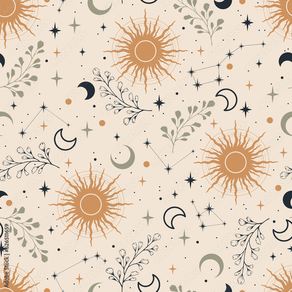 Magic seamless vector pattern with herbs, constellations, moons and ...