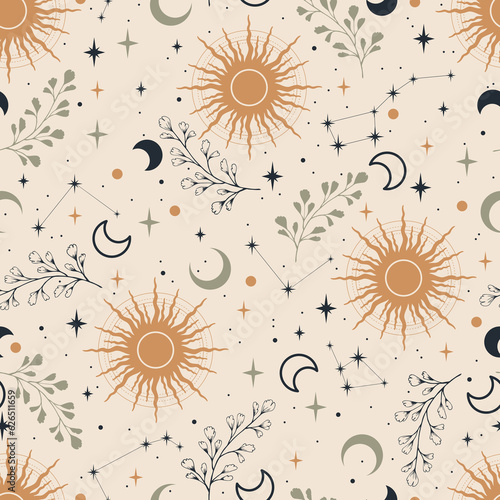 Magic seamless vector pattern with herbs, constellations, moons and stars. Boho pattern for astrology, esoteric, tarot, mystic and magic. 