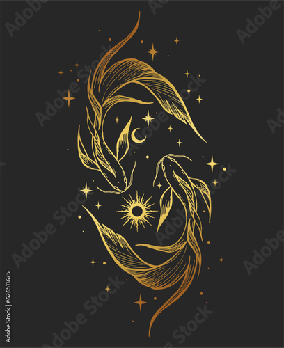 Hand drawn illustration of gold two fish isolated on black background. Astrological zodiac.