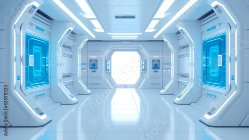A space station featuring a sci-fi-style corridor or hallway  guiding towards a door. The pristine  white  and well-lit walls embody an ultra-modern  Generative AI