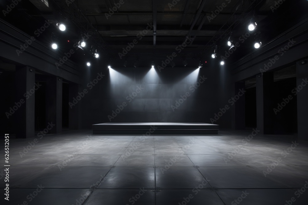 A Dark concert hall with stage and lights