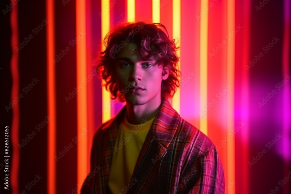 Posing for a camera, Young beautiful man with curly hair is indoors in the studio with neon lighting