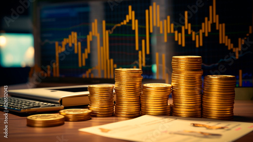 on the table there are stacks of gold coins, next to them there are papers with stock growth charts. Generative AI