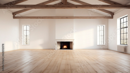 A room with white walls  wooden flooring  and ceiling beams  accompanied by a fireplace on the right side. Generative AI