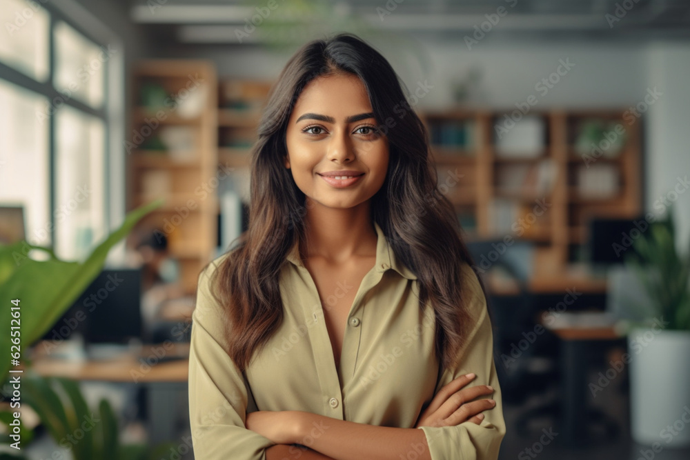 Cheerful indian girl standing at home office looking at camera