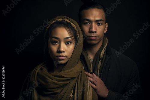 Serious ethnic couple in dark studio, dark light photography