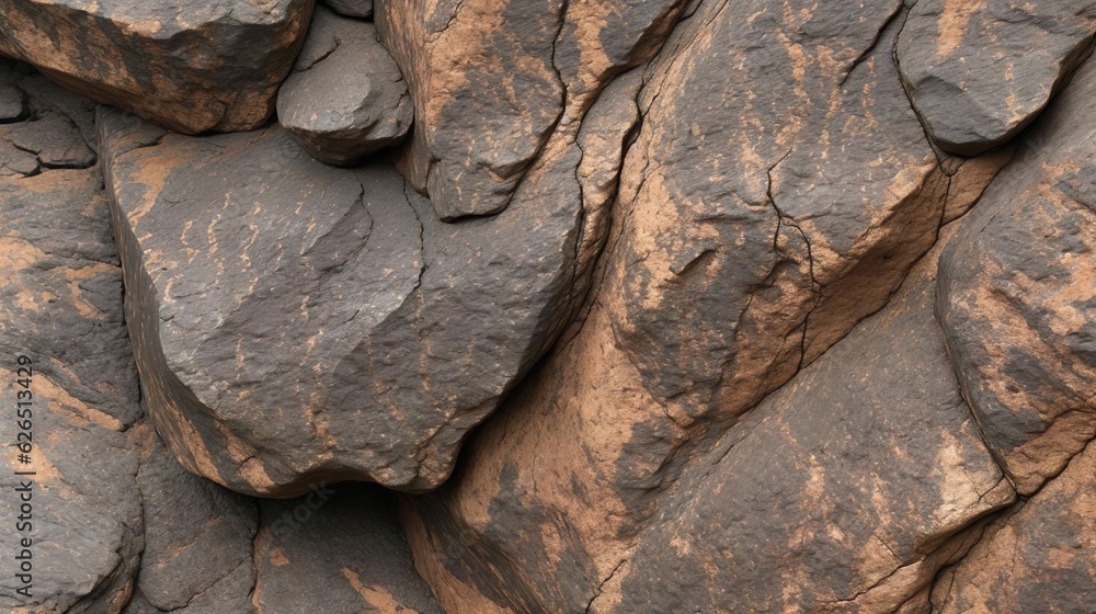 Dark Rock with bronze ore. Close shot of dark stone with veins of bronze. Created with generative AI. Dark Rock with bronze ore. Close shot of dark stone with veins of bronze. Created with generative AI.
