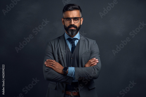 Proud confident bearded indian business man investor, rich ethnic ceo, corporate executive, professional lawyer banker, male office employee standing isolated on gray with arms crossed, Portrait