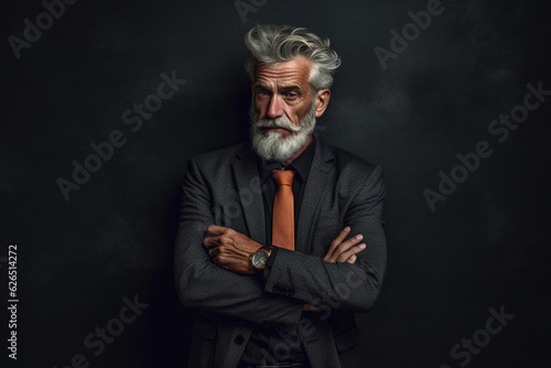 Portrait senior man stressed sad and tired from over working standing on dark wall background, Overworked and worried, CEO business company