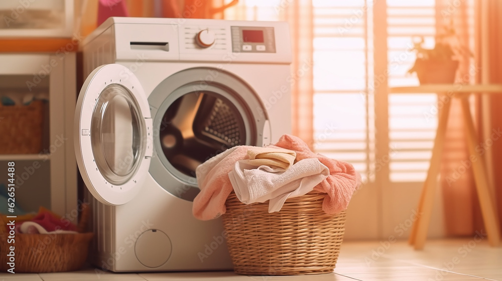 washing machine and a stack of laundry light background cozy house. washing machine and a stack of laundry light background cozy house.