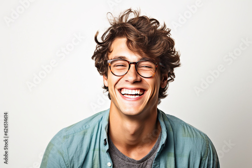 Studio portrait concept of a smiling young man talking on a white background