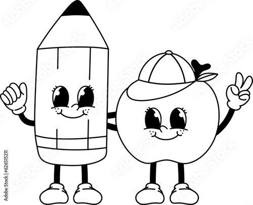 Retro Cartoon Mascot School Friends Pencil And Apple Groovy Character Outline