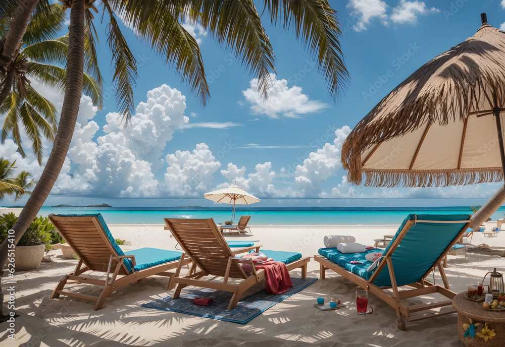 Sun Loungers Beckoning on a Tropical Island, Perfect for Ultimate Beach Vacations