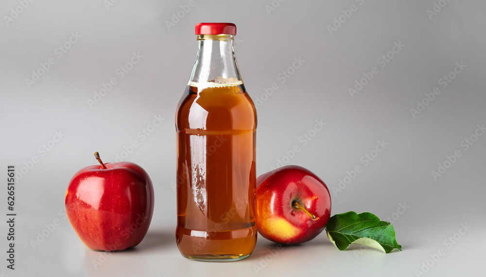 Apple cider bottle and red apples on light gray background Apple cider bottle and red apples on light gray background