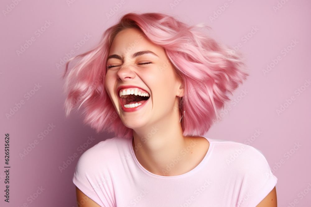 Young laughing woman against pink background