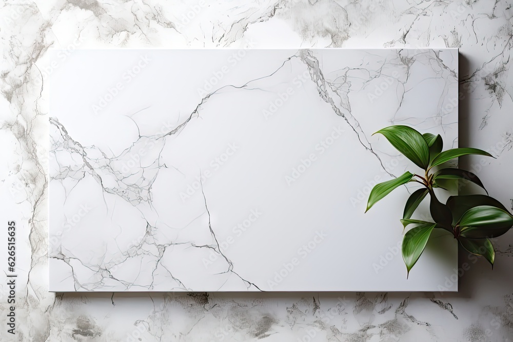 a white marble background with green leaves. marble frame border