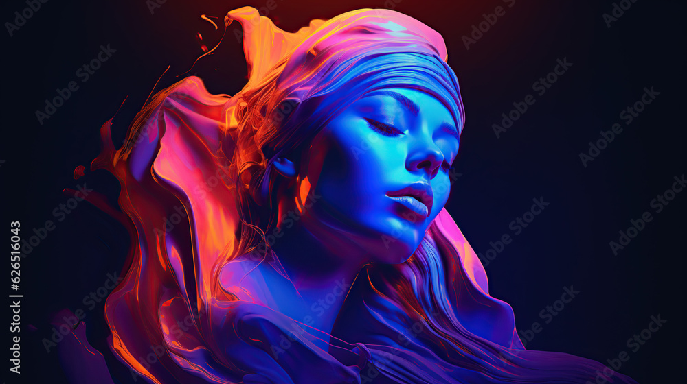 model in pink and blue light, fashion illustration 